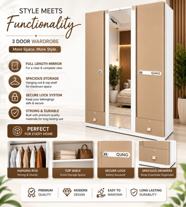 3-Door Wardrobe with Full Length Center Mirro(Beige ) . 3-Door Wardrobe with Full Length Center Mirro(Beige ) .