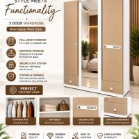 3-Door Wardrobe with Full Length Center Mirro(Beige ) .