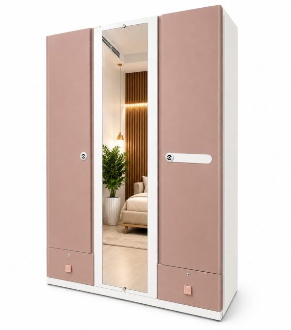 3-Door Wardrobe with Full Length Center Mirror (rose pink & white ) 3-Door Wardrobe with Full Length Center Mirror (rose pink & white )