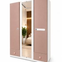 3-Door Wardrobe with Full Length Center Mirror (rose pink & white )