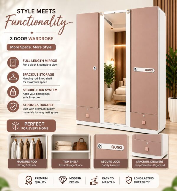 3-Door Wardrobe with Full Length Center Mirror (rose pink & white ) . 3-Door Wardrobe with Full Length Center Mirror (rose pink & white ) .