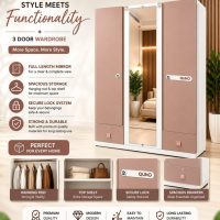 3-Door Wardrobe with Full Length Center Mirror (rose pink & white ) .