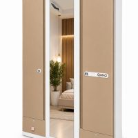 3-Door Wardrobe with Full Length Center Mirror,(Beige )