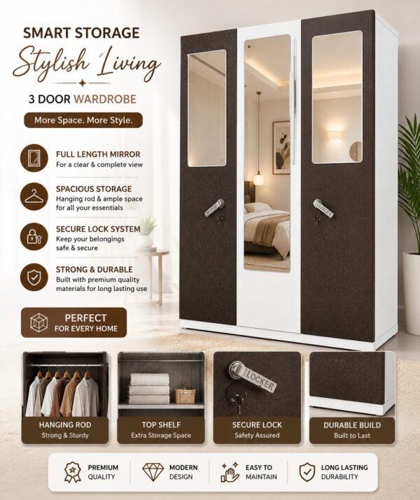 3-Door Wardrobe with Triple Mirror Glass Panels and High Security Locker Handles (Coffee Brown & White) .