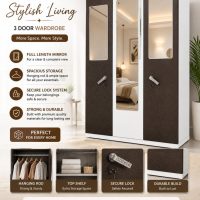 3-Door Wardrobe with Triple Mirror Glass Panels and High Security Locker Handles (Coffee Brown & White) .