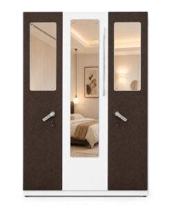 3-Door Wardrobe with Triple Mirror Glass Panels and Locker Handles (Coffee Brown & White)