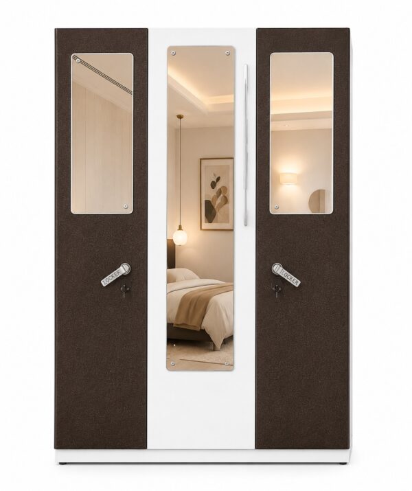 3-Door Wardrobe with Triple Mirror Glass Panels and High Security Locker Handles (Coffee Brown & White)