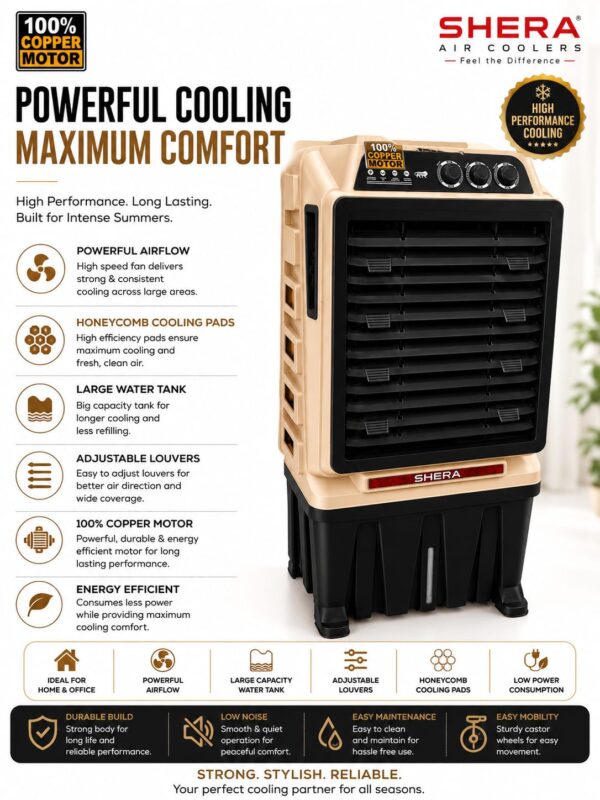 Heavy-Duty Desert Air Cooler with 100% Copper Motor & Honeycomb Cooling Pads (Beige & Black) .