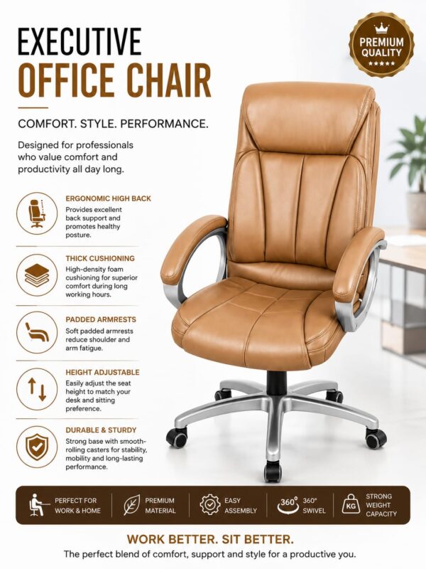 High-Back Executive Chair with Padded Armrests - Tan .