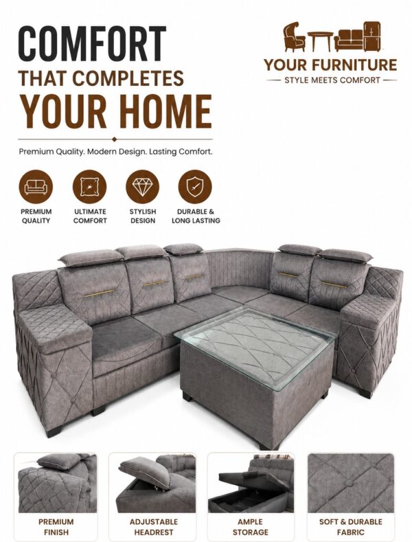 L-Shape Sectional Sofa Set with Storage & Glass Center Table - Grey .