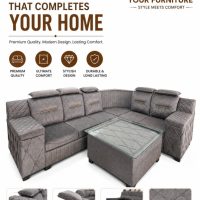 L-Shape Sectional Sofa Set with Storage & Glass Center Table - Grey .