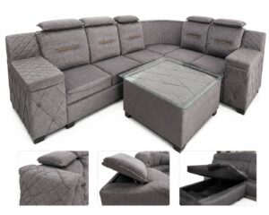 L-Shape Sectional Sofa Set with Storage & Glass Center Table - Grey