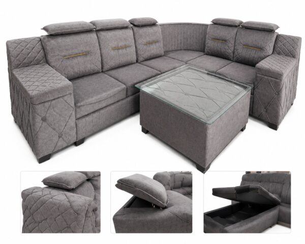 L-Shape Sectional Sofa Set with Storage & Glass Center Table - Grey