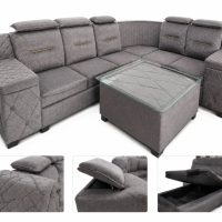 L-Shape Sectional Sofa Set with Storage & Glass Center Table - Grey