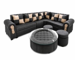 L Shape Sofa Set with Center Table & Ottomans (Black & Beige)