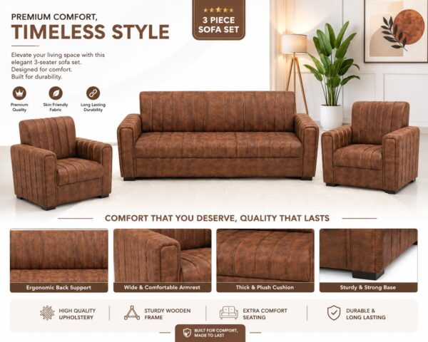 Leatherette 3+1+1 Sofa Set for Living Room - Brown . Leatherette 3+1+1 Sofa Set for Living Room - Brown .