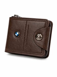 Men's Leather Style Bi-Fold Wallet with Zipper Pocket, Button Closure and Card Holder