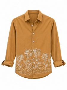 Men Regular Fit Cotton Casual Shirt with Bottom Floral Outline Embroidery