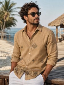 Men Summer Resort Wear Long Sleeve Shirt with Geometric Motifs & Border Print