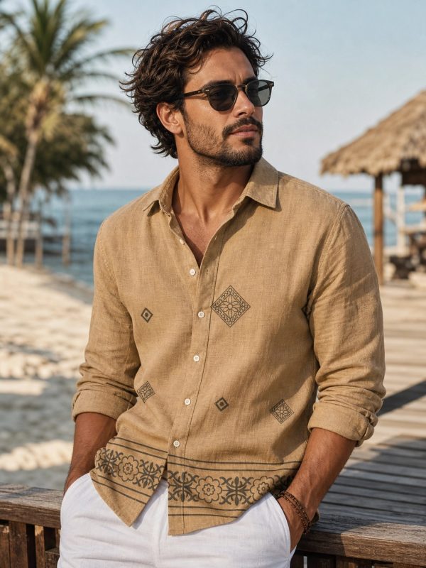 Men's Summer Resort Wear Long Sleeve Shirt beigh