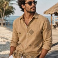 Men's Summer Resort Wear Long Sleeve Shirt beigh
