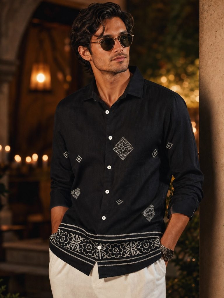 Mens Summer Resort Wear Long Sleeve Shirt black scaled