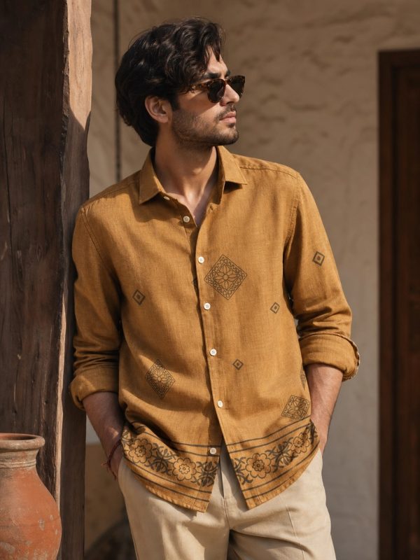Men's Summer Resort Wear Long Sleeve Shirt musterd yellow
