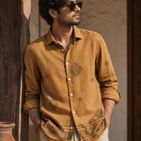 Men's Summer Resort Wear Long Sleeve Shirt musterd yellow