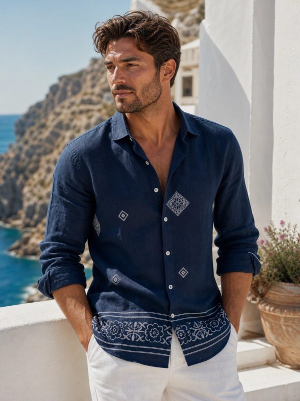 Men's Summer Resort Wear Long Sleeve Shirt neavy blue