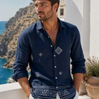 Men's Summer Resort Wear Long Sleeve Shirt neavy blue