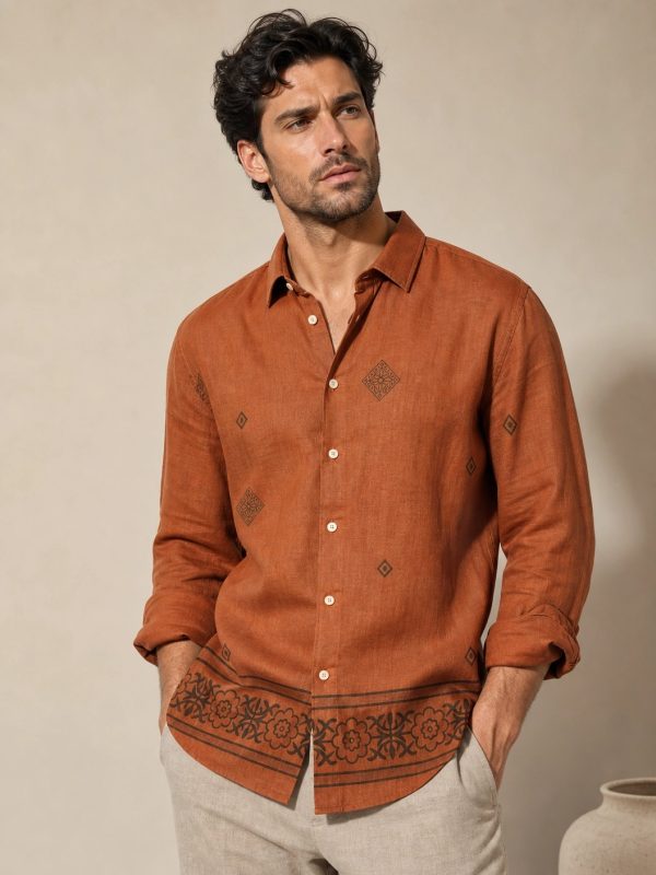 Men's Summer Resort Wear Long Sleeve Shirt rust orrange