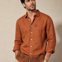 Men's Summer Resort Wear Long Sleeve Shirt rust orrange