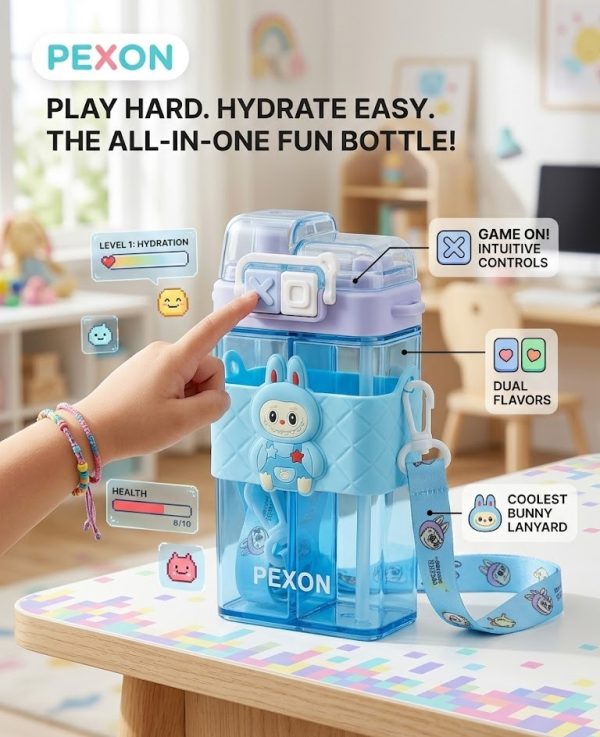 PEXON Square Kids Water Bottle with Straw & Strap.