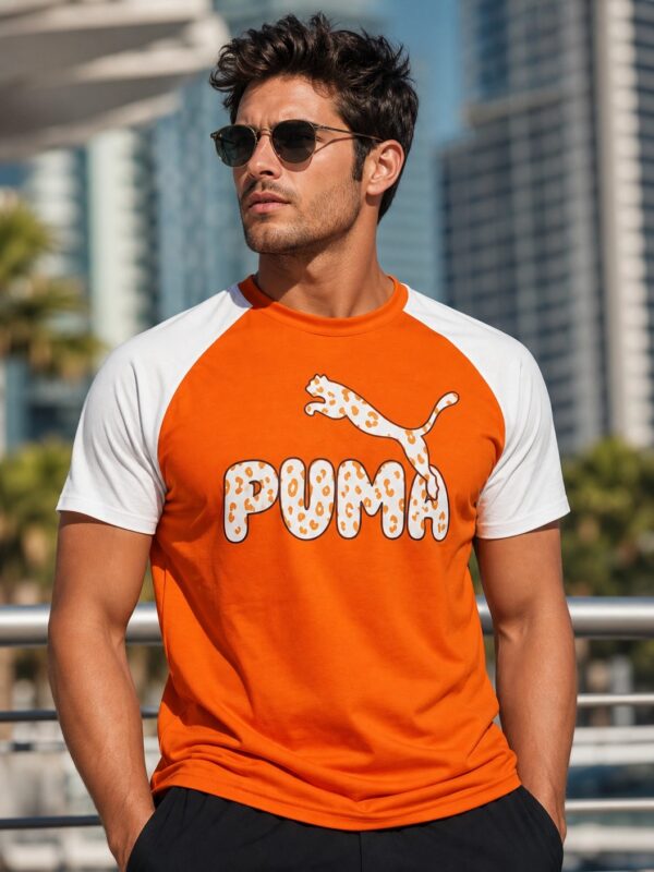 PUMA Men Colorblock Crew Neck Cotton Blend White T-Shirt orange