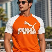 PUMA Men Colorblock Crew Neck Cotton Blend White T-Shirt orange
