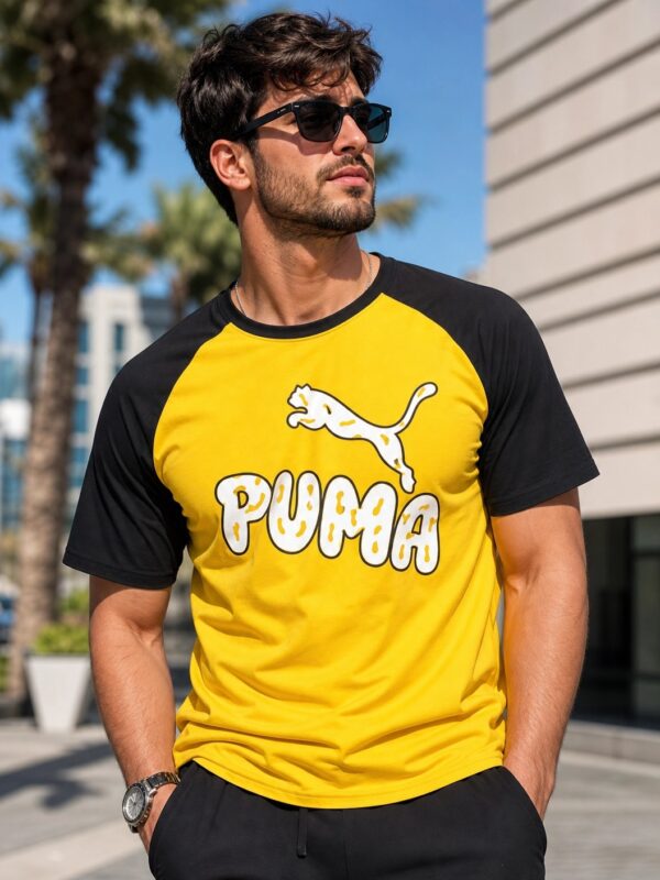 PUMA Men Colorblock Crew Neck Cotton Blend White T-Shirt yellow