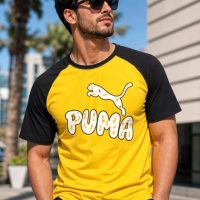 PUMA Men Colorblock Crew Neck Cotton Blend White T-Shirt yellow