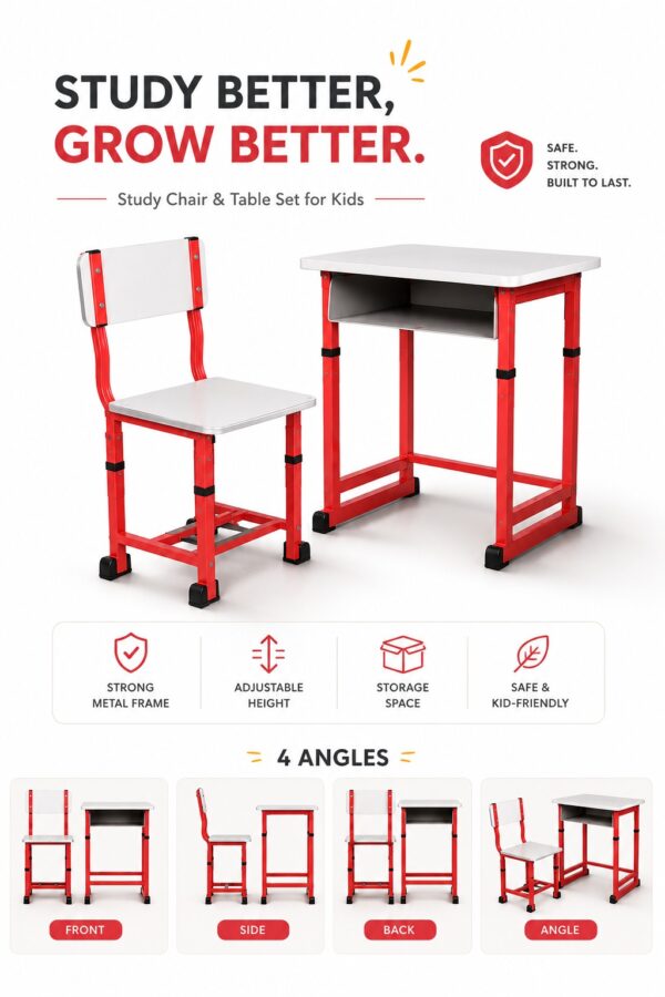Study Table and Chair Set For Kids (Red & White) .