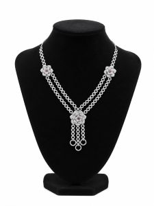 Elegant Diamond Floral Layered Necklace Silver Tone Jewelry Set