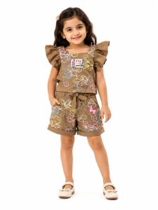 Girls Stylish Ruffle Sleeve Top with Shorts Set NARS0006