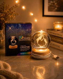 3D Crystal Ball LED Night Lamp with Dolphin Design and Wooden Base NARP0208