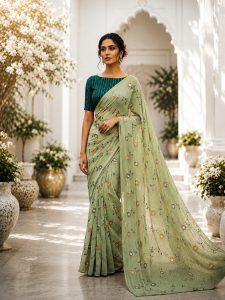 Sea Green Floral Embroidered Saree NARP0298