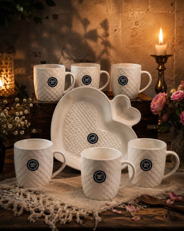 White Ceramic Mug and Heart Shaped Platter Set...