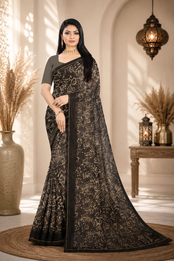Women's Floral Printed Casual Wear Saree black
