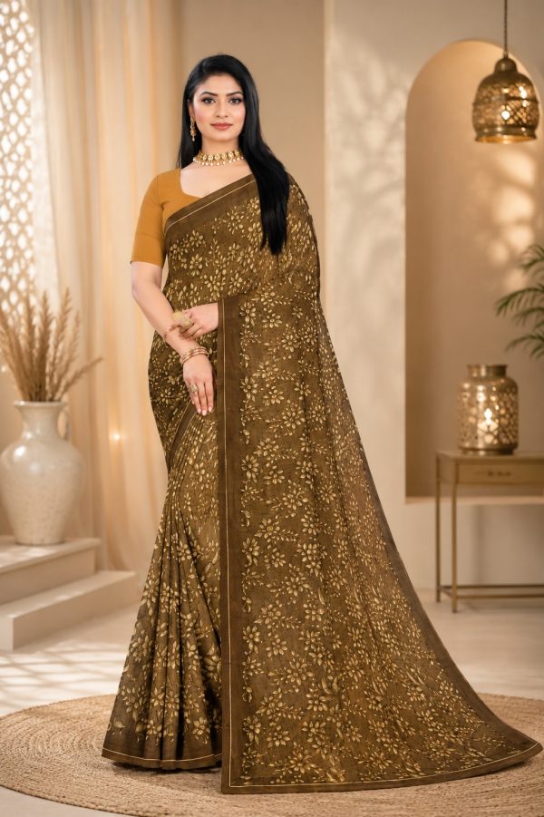 Women's Floral Printed Casual Wear Saree brown
