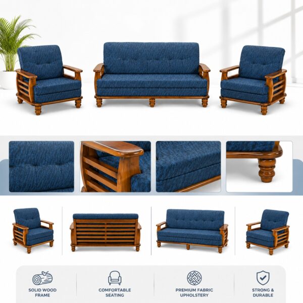 Wooden 3+1+1 Sofa Set for Living Room (Blue) .