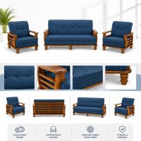 Wooden 3+1+1 Sofa Set for Living Room (Blue) .