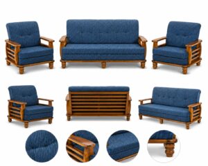 Traditional Wooden 3+1+1 Sofa Set for Living Room (Blue)