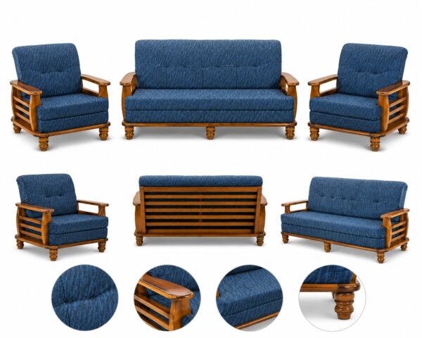 Wooden 3+1+1 Sofa Set for Living Room (Blue)