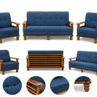 Wooden 3+1+1 Sofa Set for Living Room (Blue)